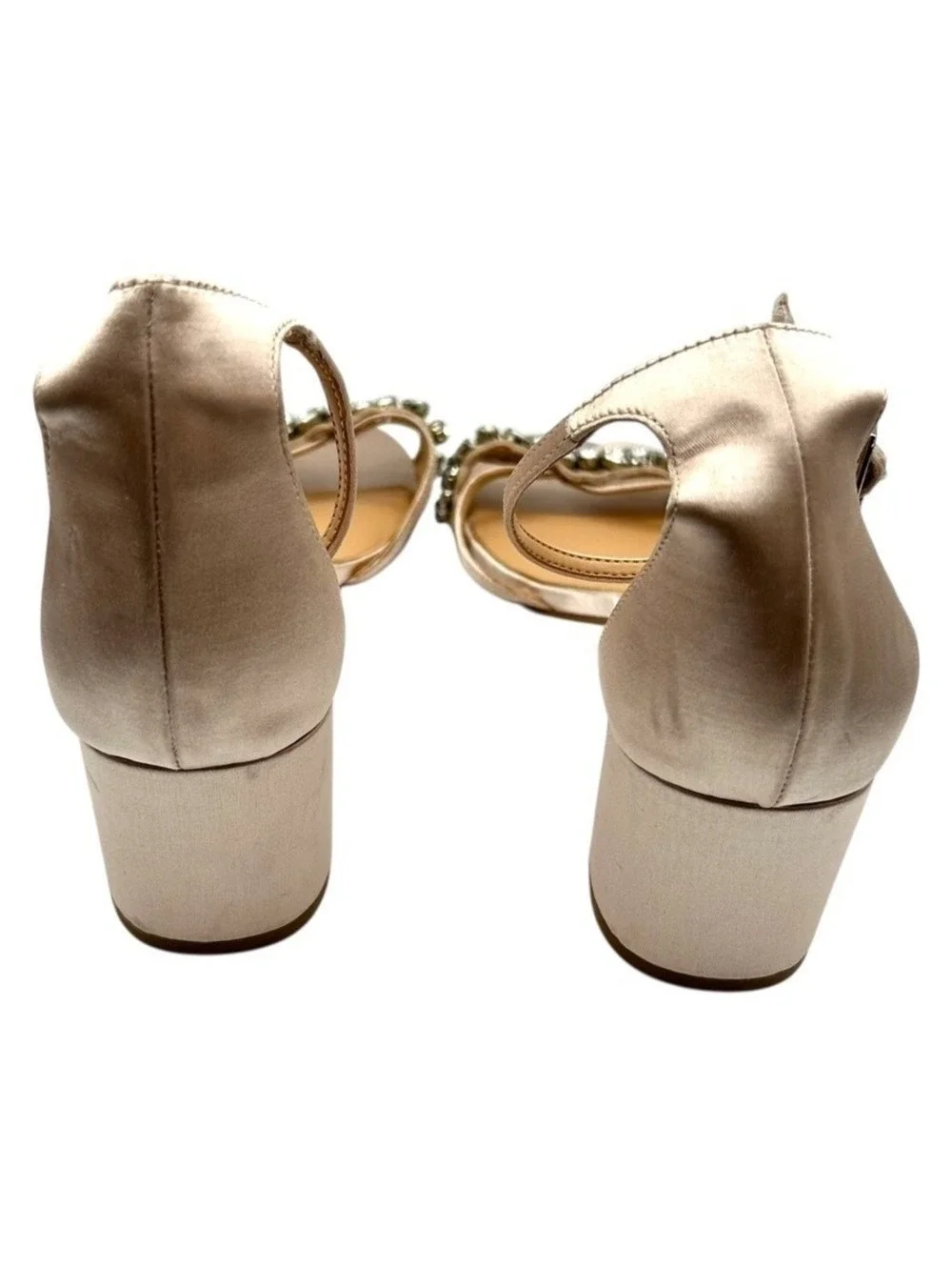Jewel Badgley Mischka Champagne Satin Crystal Embellished Block Heels Size 8.5